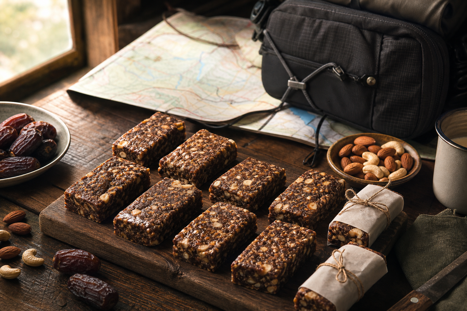 Finished cocoa orange date and nut ride bars with visible nut texture