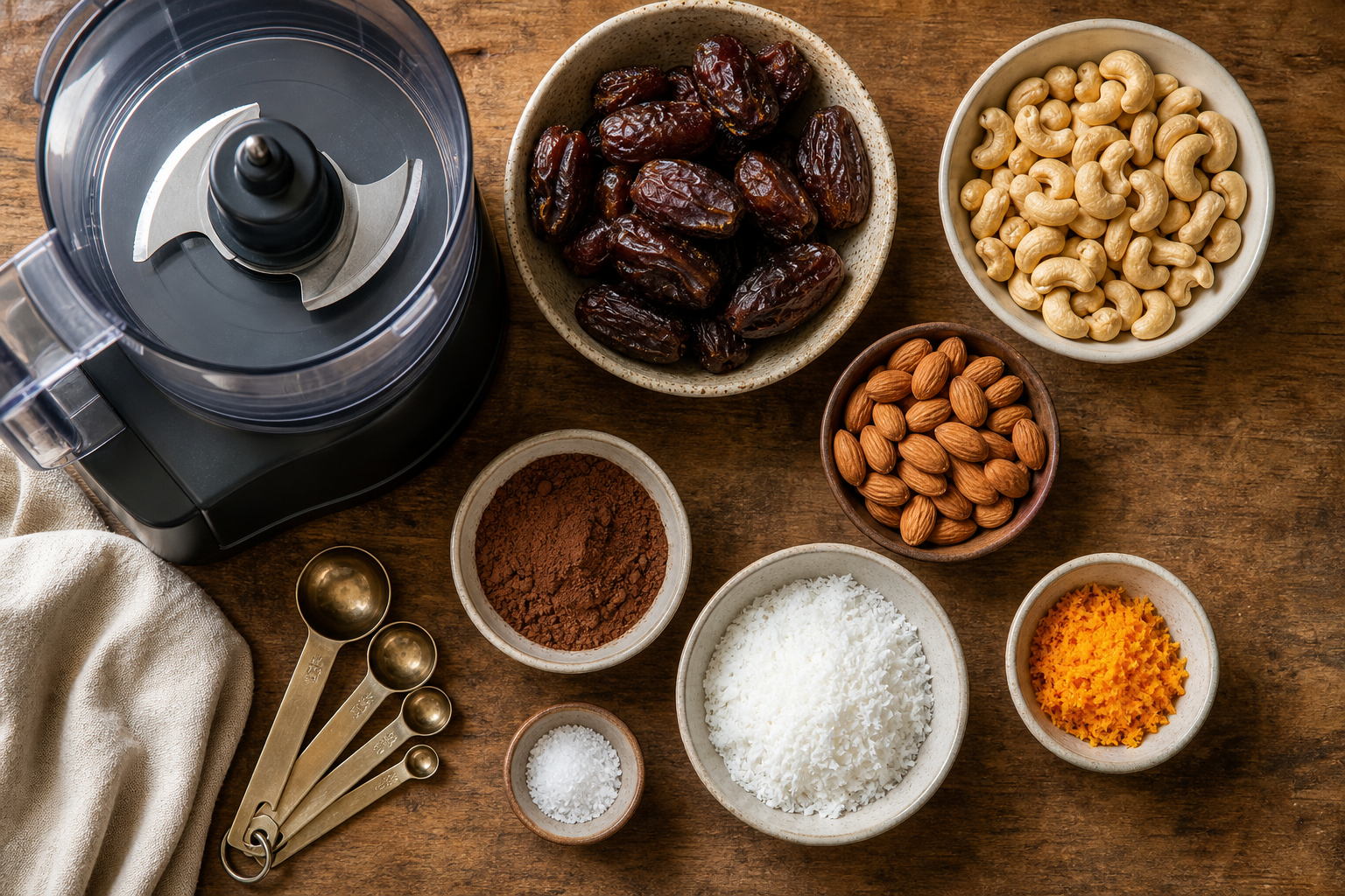 Measured dates cashews almonds cocoa coconut orange zest and salt beside a food processor