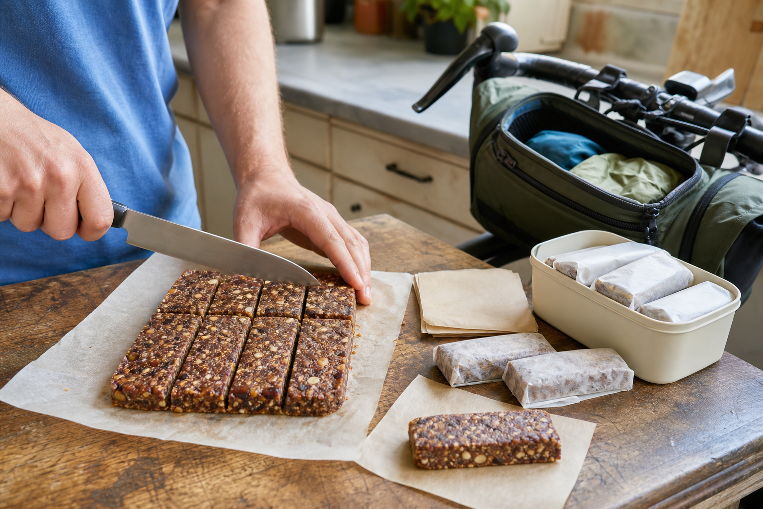 Hands cutting a chilled date and nut slab into eight bars beside parchment wrappers and a bike bag