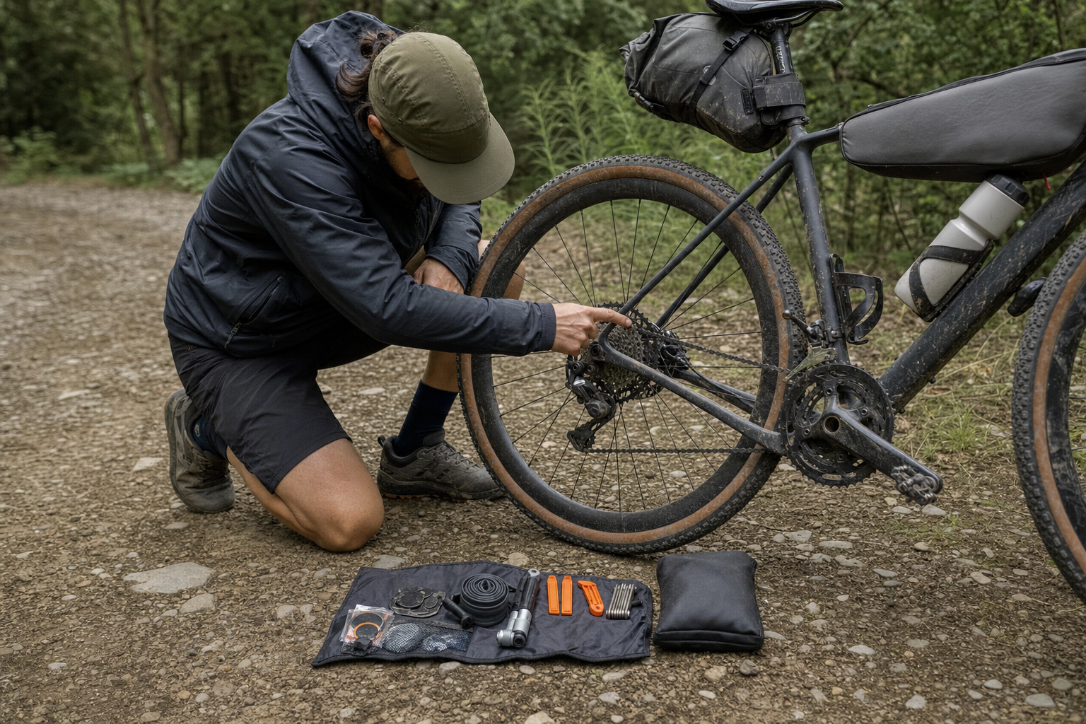 Cyclist safely stopped beside a loaded gravel bike inspecting a flat rear tire with the repair kit organized on a cloth