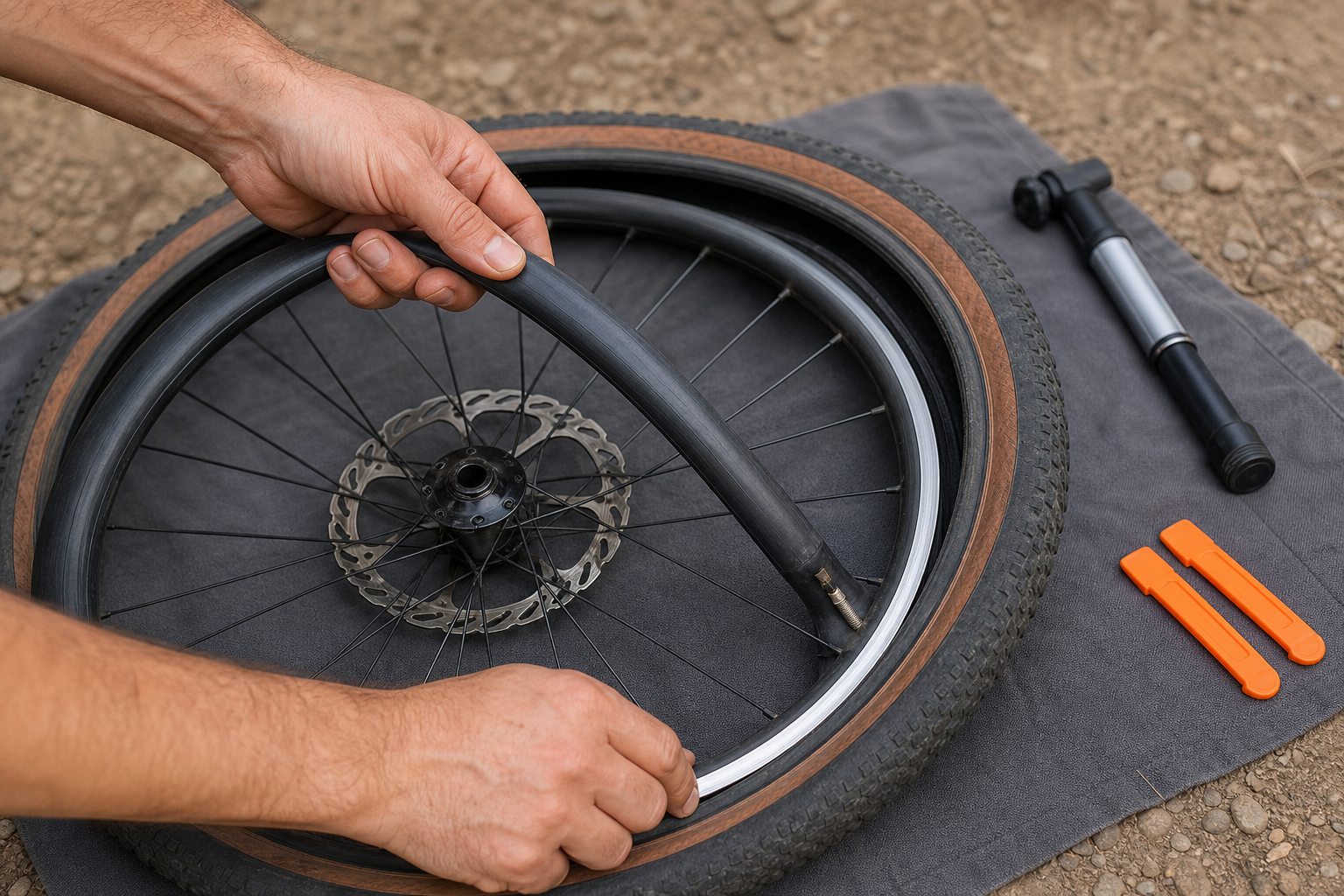 Hands placing a replacement inner tube into a partially opened gravel bicycle tire on a repair cloth