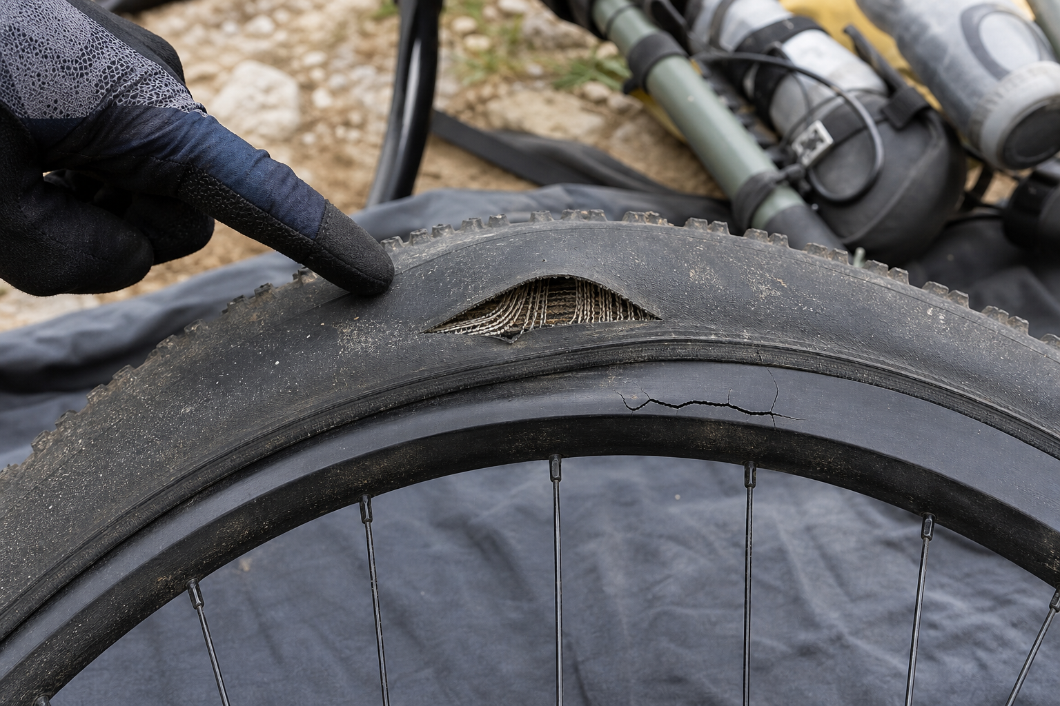 Close view of a bicycle tire with exposed casing cords, a large sidewall cut, and a cracked rim that are unsafe to ride