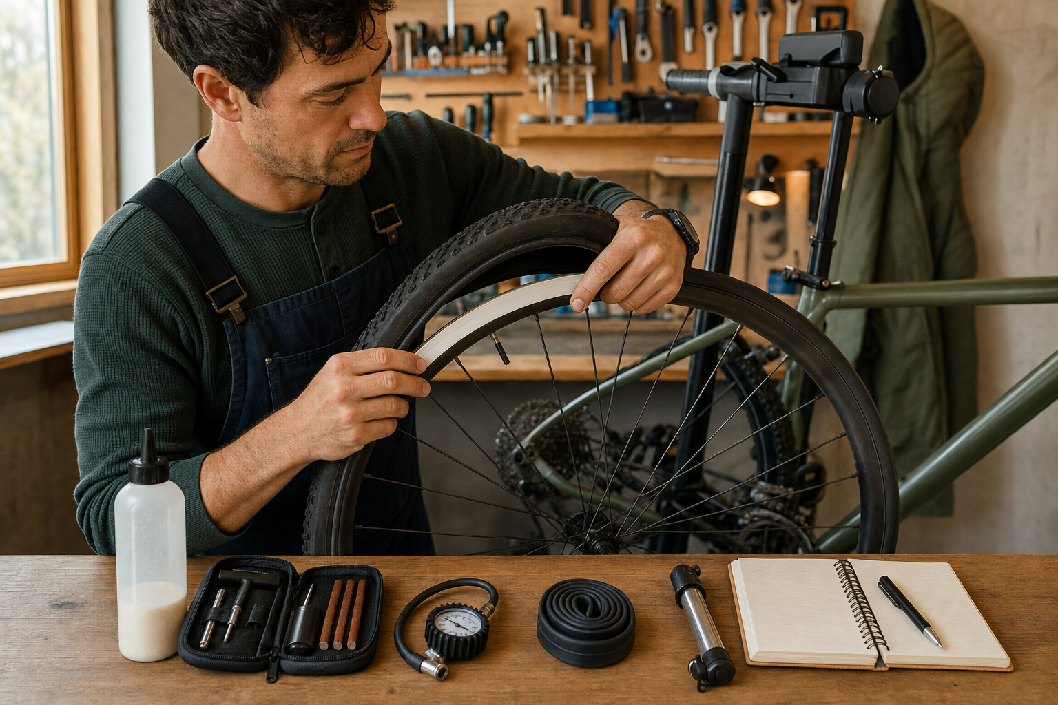 Cyclist in a home workshop inspecting rim tape, valve, sealant, spare tube, plugs, pump, and pressure notes after a ride