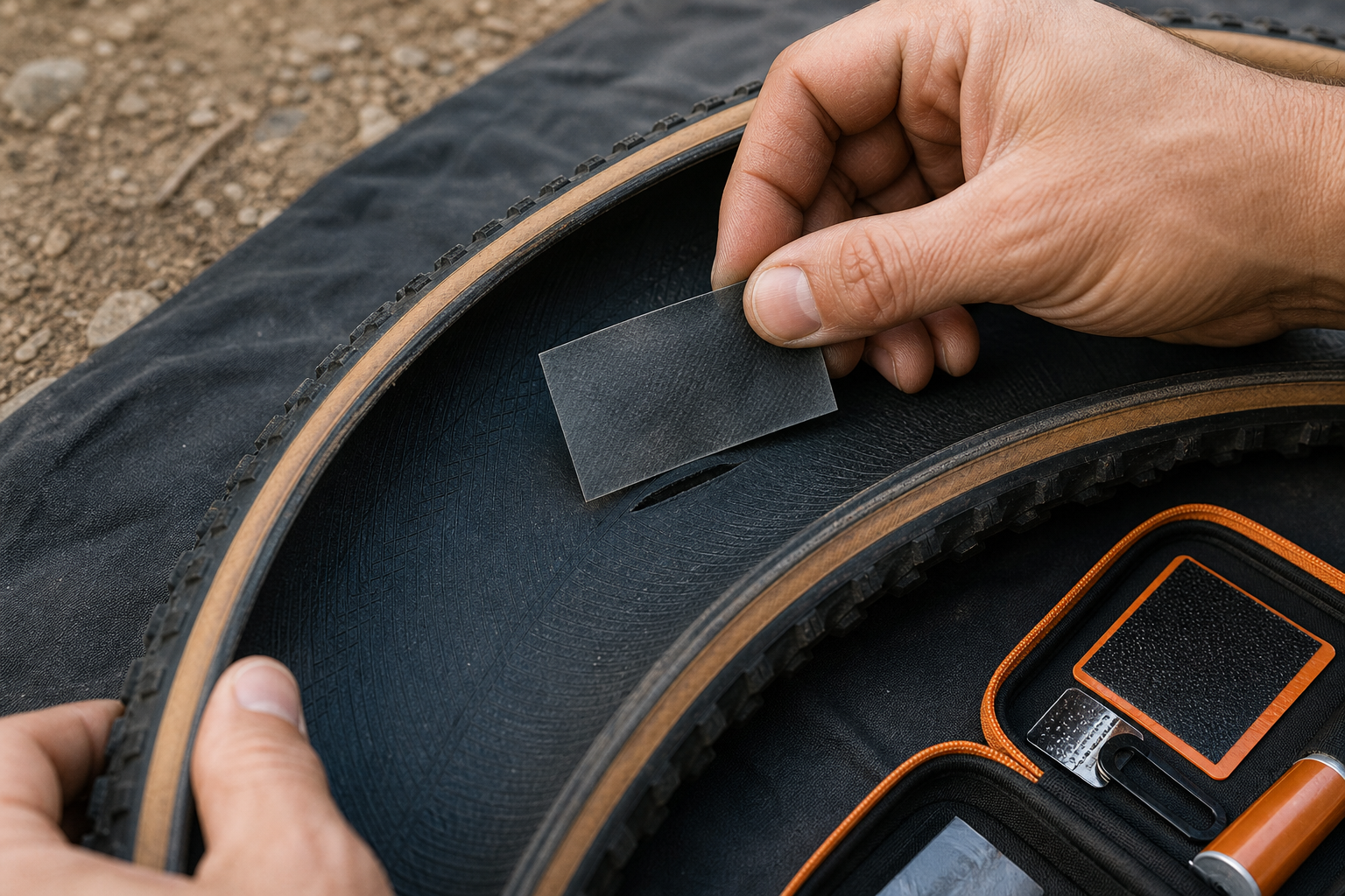 Hands positioning an emergency tire boot over a cut from inside a bicycle tire